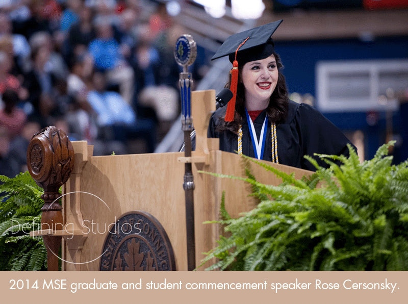 Rosy giving the commencement address